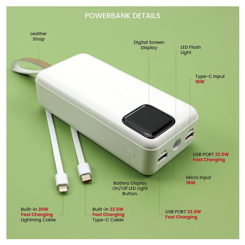 personalised 30000 mAh Powerbank with Built-in Cables & Leather Strap